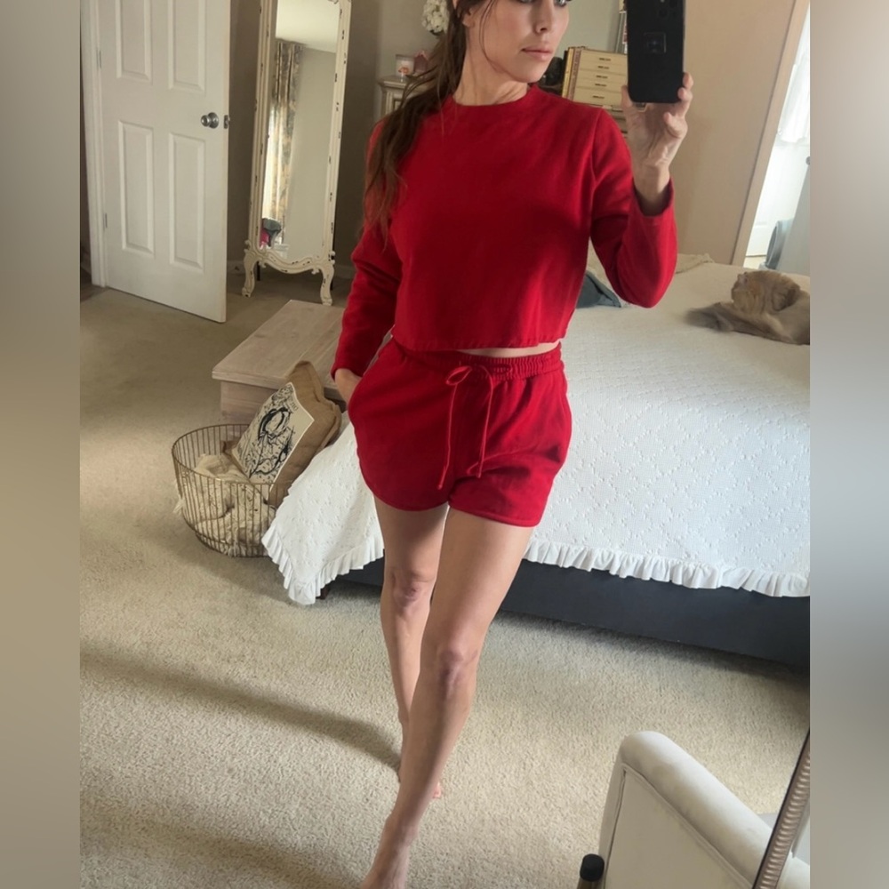 Express Red Relaxed Crop Sweatshirt & Drawstring Shorts Set